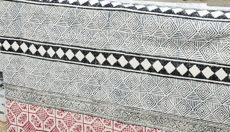 Red and Black Dhurrie Rug: Bohemian Geometric Cotton Area Rug (4 x 6)