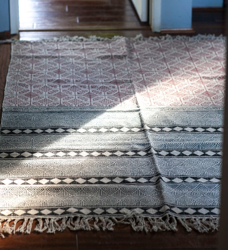 Red and Black Dhurrie Rug: Bohemian Geometric Cotton Area Rug (4 x 6)