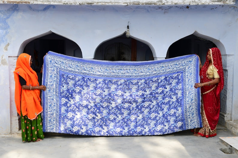 Floral Kantha Quilt Set: Reversible Block Printed Cotton Bedspread