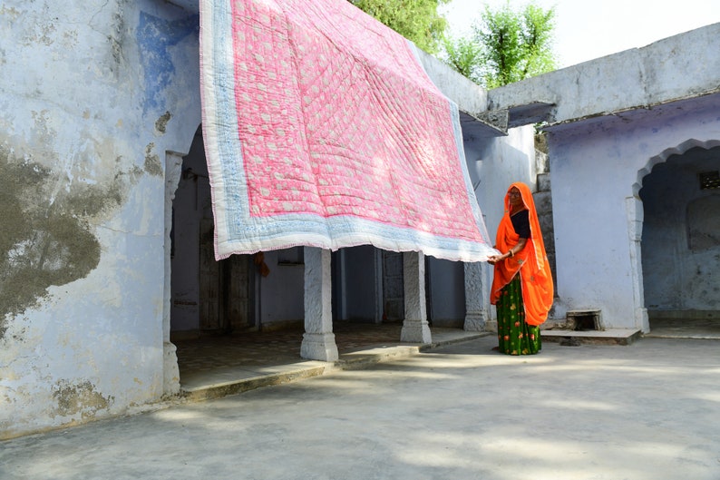Pink King Size Kantha Quilt: Reversible Boho Block Print Comforter