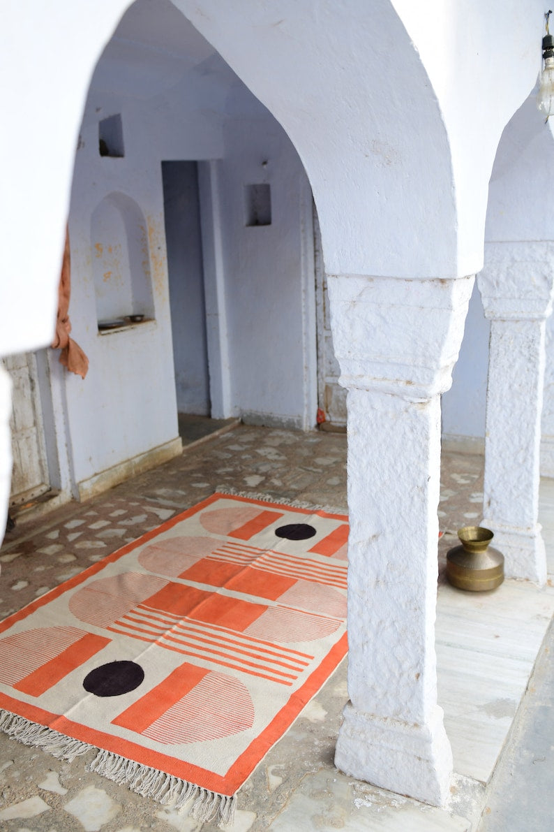 Handmade Block Printed Cotton Dhurrie Rug: Bauhaus Abstract Design