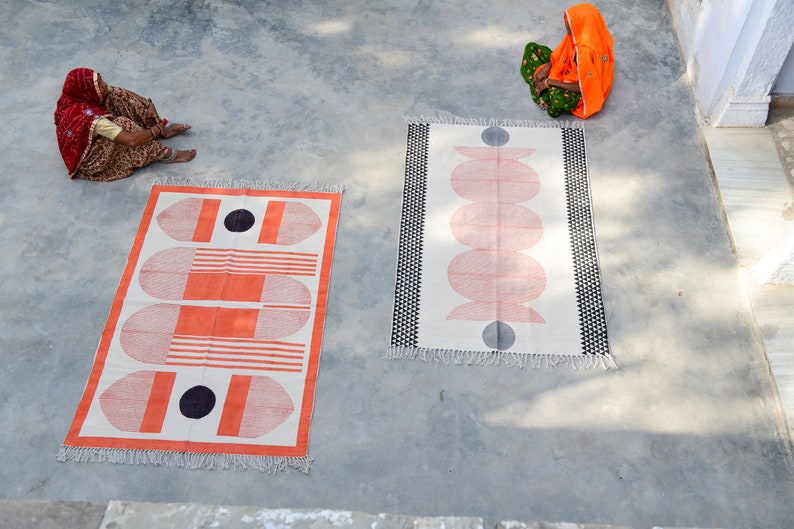 Block Printed Cotton Rug: Orange Bauhaus Design, Hand-Knotted Dhurrie