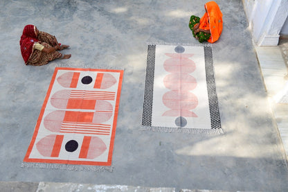 Block Printed Cotton Rug: Orange Bauhaus Design, Hand-Knotted Dhurrie
