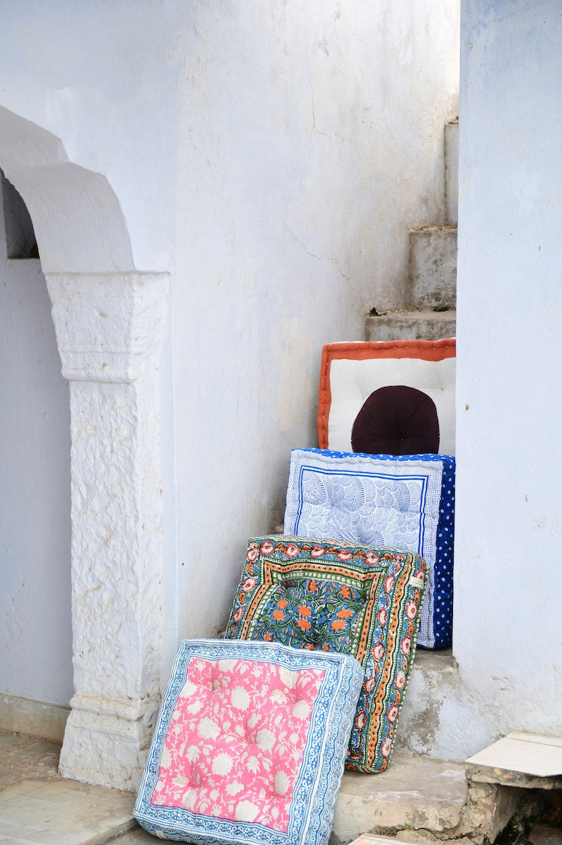 Hand-Block Printed Floor Cushion: Reversible Cotton Meditation Pillow