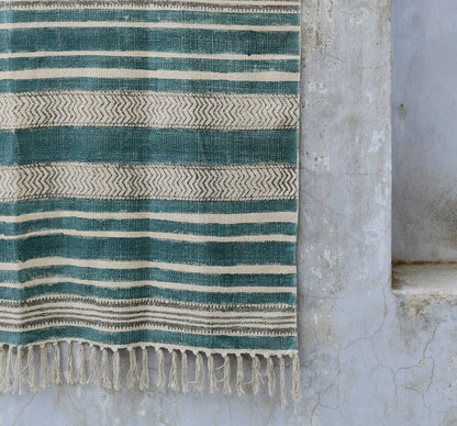 Handwoven Green Striped Dhurrie Rug: Indian Cotton Fringe Rug (4x6)