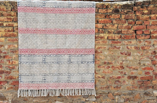 Hand Woven Dhurrie Rug: 4x6 Red & Blue Floral Cotton Area Rug