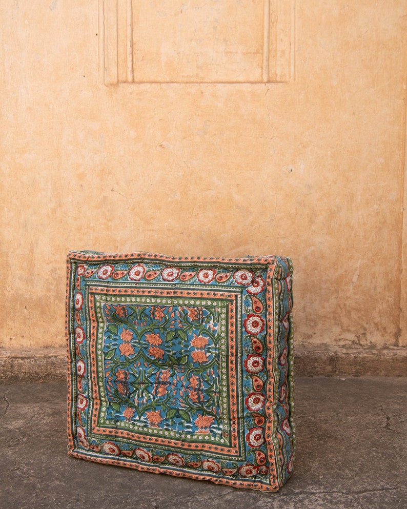 Block Printed Cotton Floor Cushion: Tufted Japanese Seating Pillow