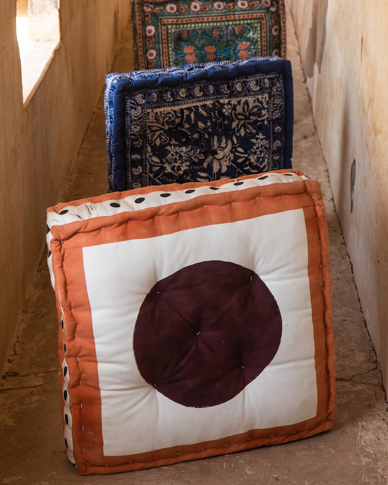 Handmade Block Printed Floor Cushion: Reversible Cotton Meditation Pillow
