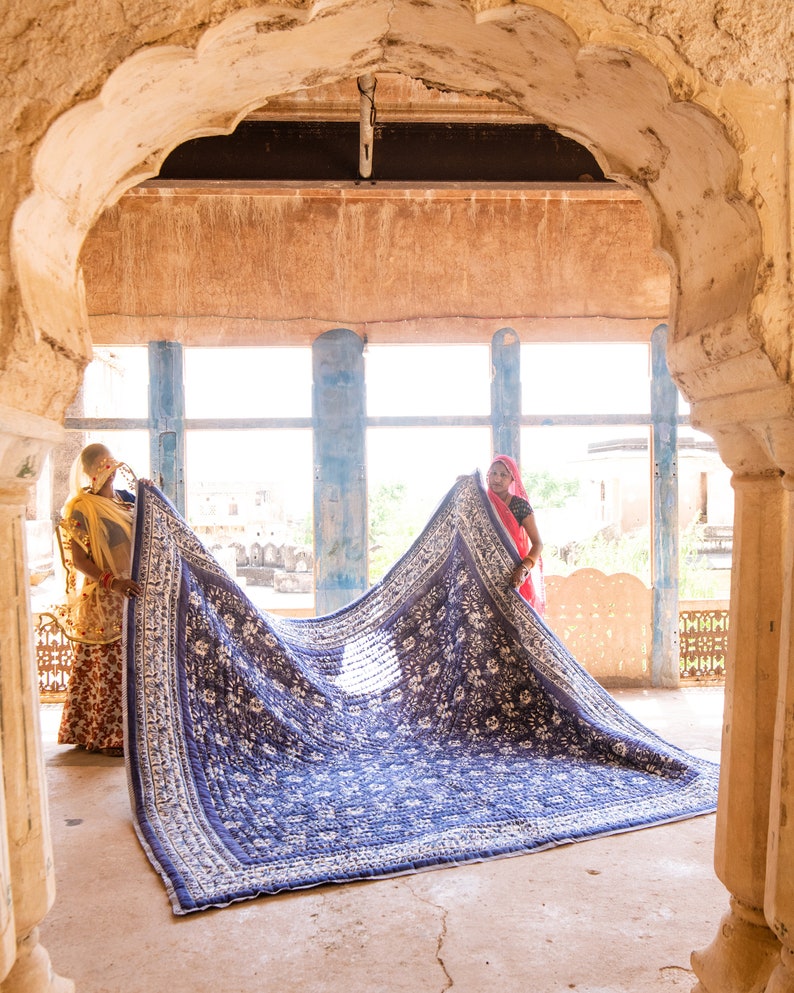 Handmade Cotton Kantha Quilt: Blue Bohemian Floral Comforter