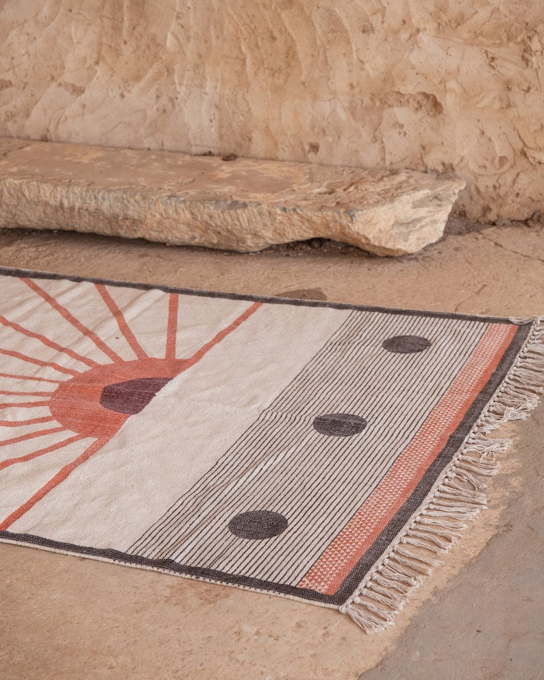 Hand-Dyed Sun Rug: 4x6 Block Printed Cotton Dhurrie