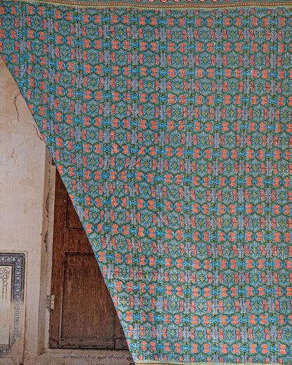 Handmade Kantha Stitch King Quilt: Indian Block Print Cotton Bedspread
