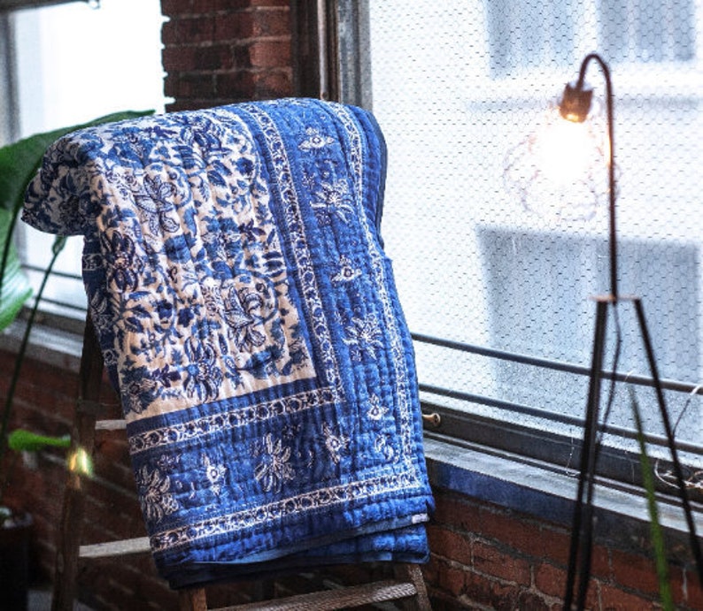 Floral Kantha Quilt Set: Reversible Block Printed Cotton Bedspread