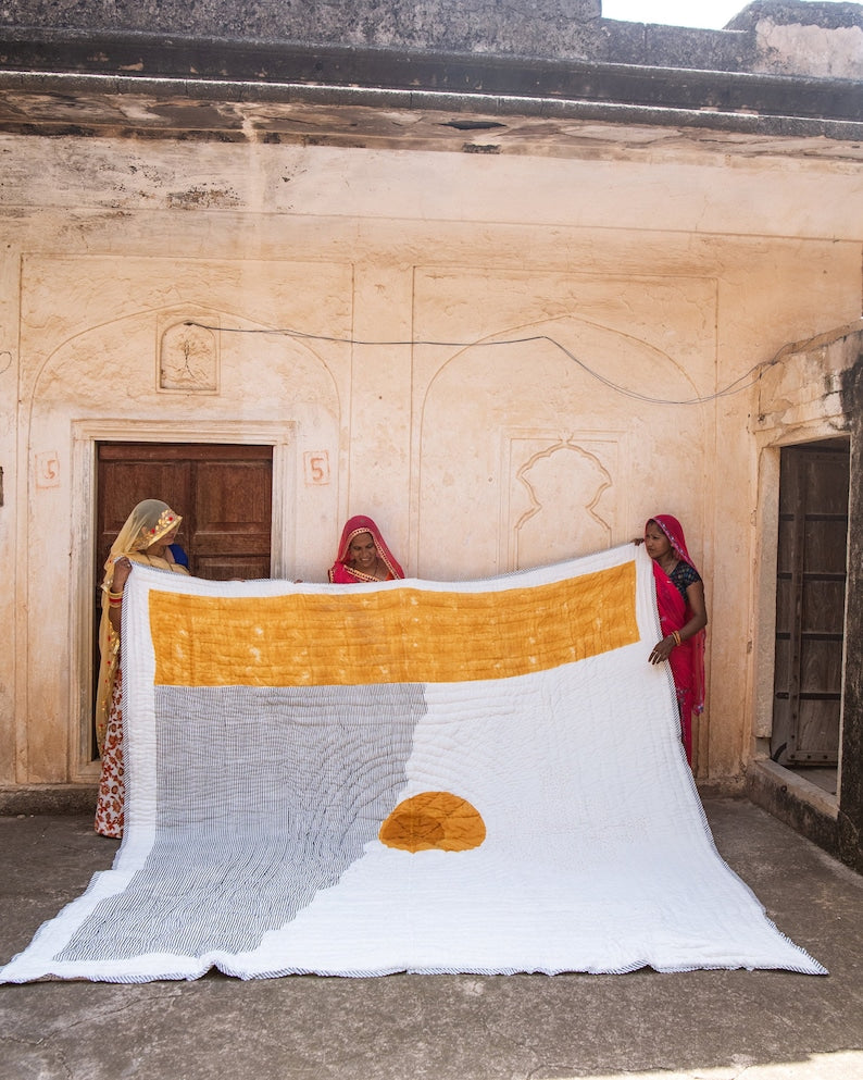 Hand-Block Printed Cotton Quilt: Sun & Moon Reversible Bedspread
