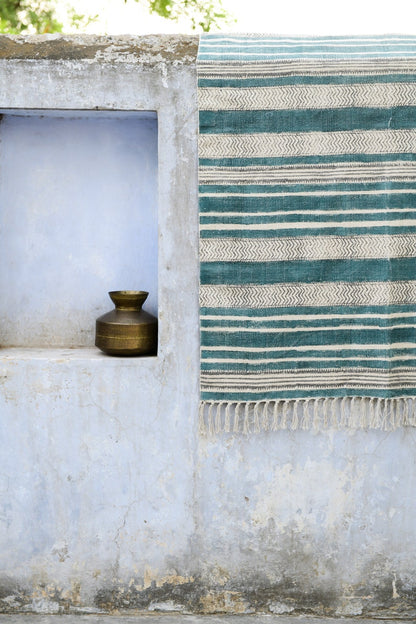 Handwoven Green Striped Dhurrie Rug: Indian Cotton Fringe Rug (4x6)