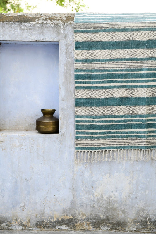 Handwoven Green Striped Dhurrie Rug: Indian Cotton Fringe Rug (4x6)