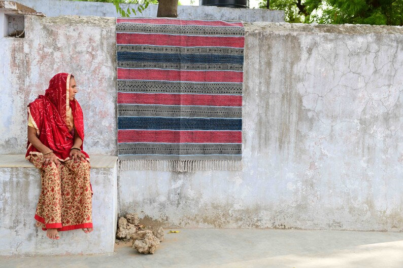 Handwoven Block Print Rug: Red & Blue Striped Dhurrie, 4x6 Cotton