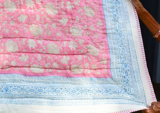 Handmade Twin Size Block Print Quilt: Pink & Blue Floral Kantha