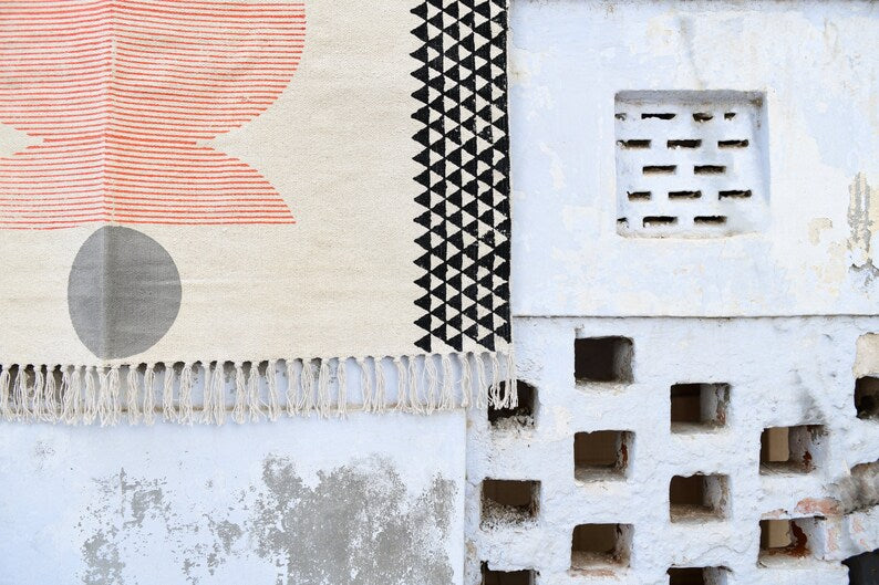 Handmade Block Print Cotton Dhurrie Rug: Bohemian Abstract Design