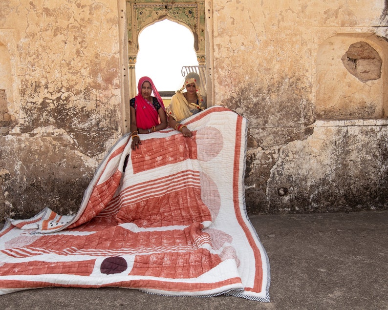 King Size Bauhaus Quilt: Hand-Block Printed Cotton Kantha Bedspread