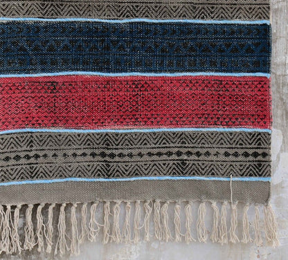 Handwoven Block Print Rug: Red & Blue Striped Dhurrie, 4x6 Cotton