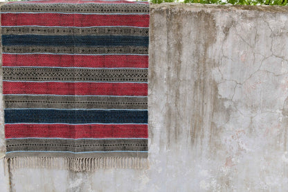 Handwoven Block Print Rug: Red & Blue Striped Dhurrie, 4x6 Cotton