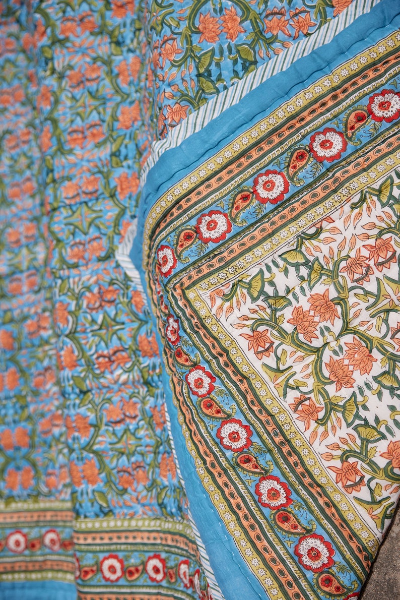 Handmade Queen Size Floral Quilt: Reversible Block Print Cotton Bedding