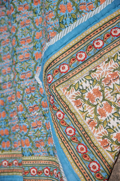Handmade Queen Size Floral Quilt: Reversible Block Print Cotton Bedding
