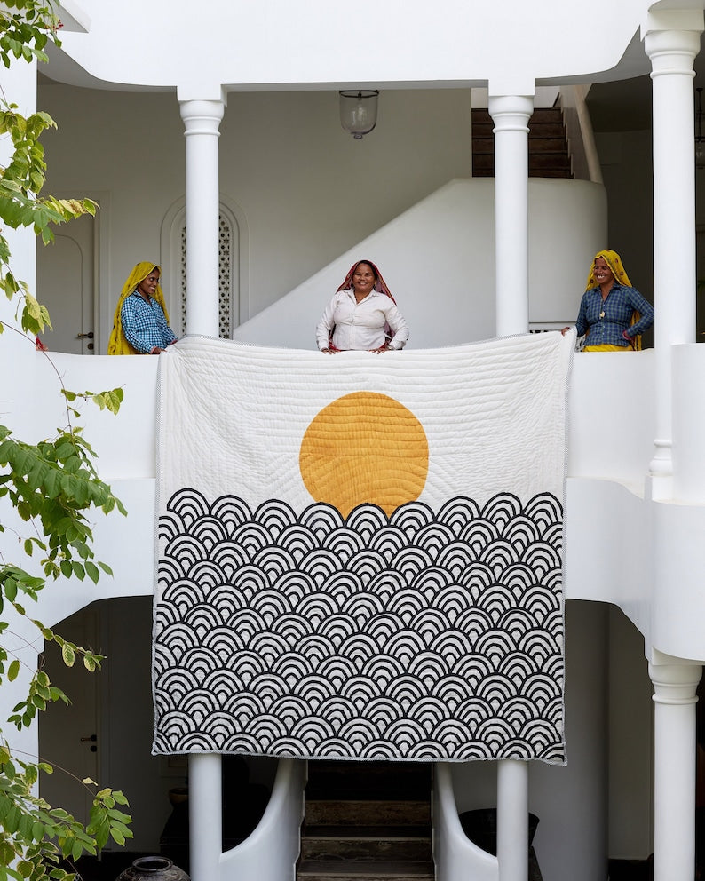 Handmade Queen Size Kantha Quilt: 100% Cotton Reversible Bedding Set