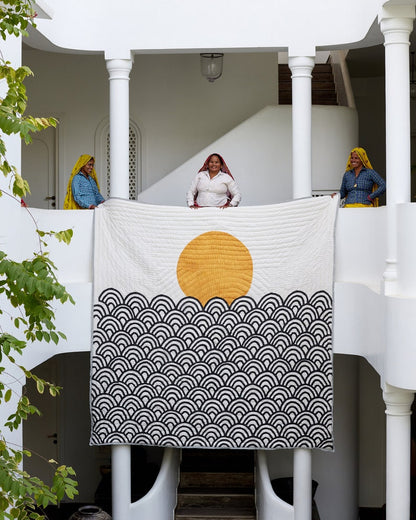 Handmade Kantha King Quilt: Block Printed Cotton Bedspread