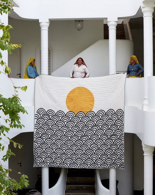 Handmade Kantha King Quilt: Block Printed Cotton Bedspread