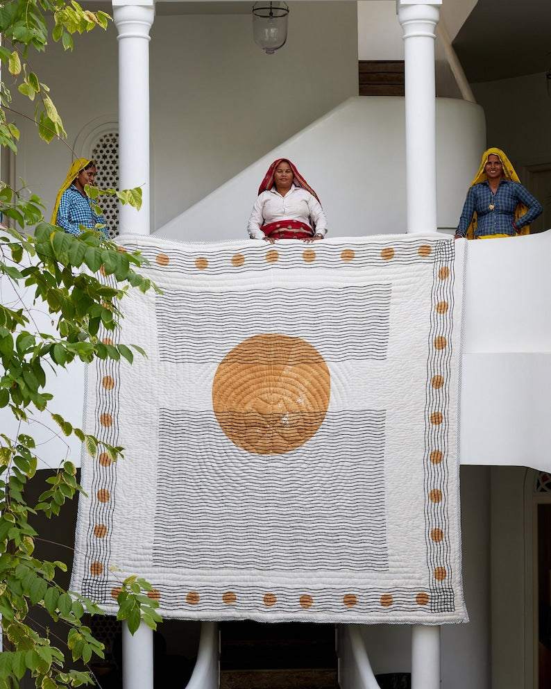 Moon Phase Kantha Quilt: King/Queen Size Block Printed Cotton Bedspread