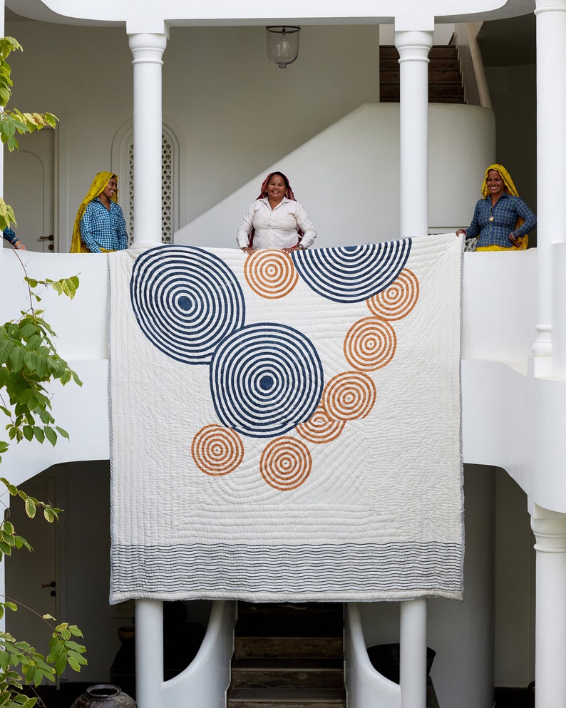 Handmade Twin XL Cotton Quilt: Block Printed Sun & Waves