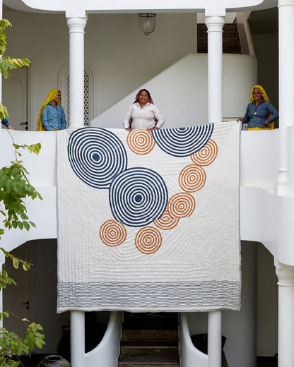 Handmade Twin XL Cotton Quilt: Block Printed Sun & Waves