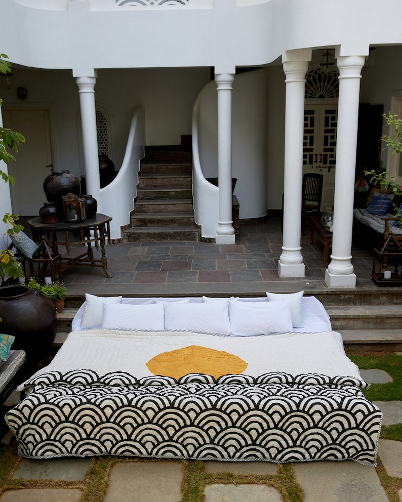 Handmade Kantha King Quilt: Block Printed Cotton Bedspread