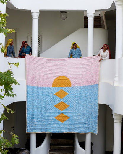 Handmade Kantha Stitched Quilt: Abstract Sunset Design, 100% Cotton