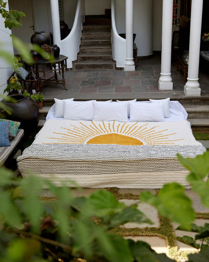 Handmade Cotton Quilt with Shams: Reversible Sun Design, Bohemian Kantha Stitch