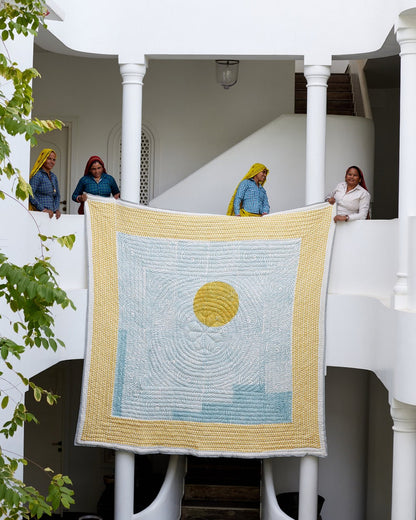 Reversible King Quilt: Hand-Stitched Kantha, Boho Sun & Star Design