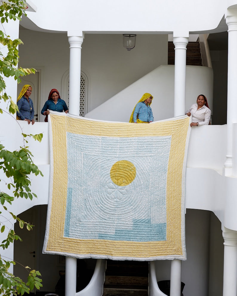 Handmade Kantha Stitch Quilt: Reversible Sun & Starry Night Cotton Bedding