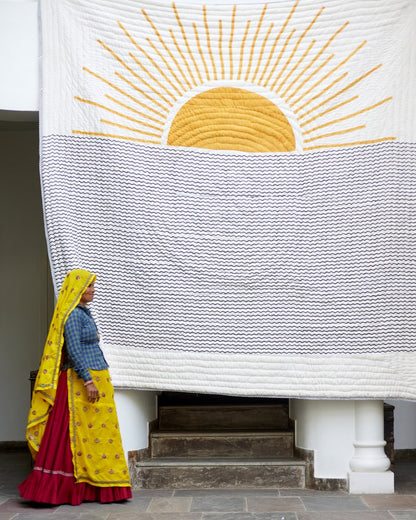Handmade Cotton Quilt with Shams: Reversible Sun Design, Bohemian Kantha Stitch