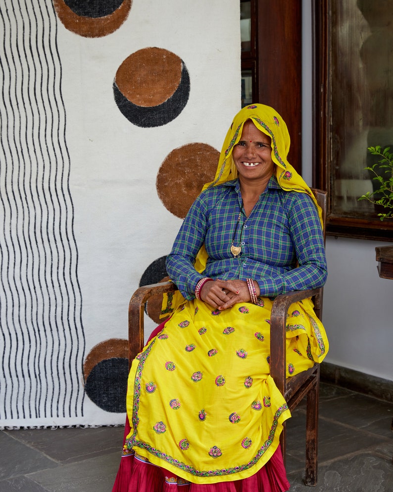 Handmade Moon Phase Cotton Rug: Boho Hand-Block Printed Dhurrie (4x6ft)