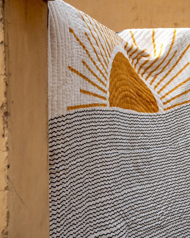 Handmade Cotton Quilt with Shams: Reversible Sun Design, Bohemian Kantha Stitch