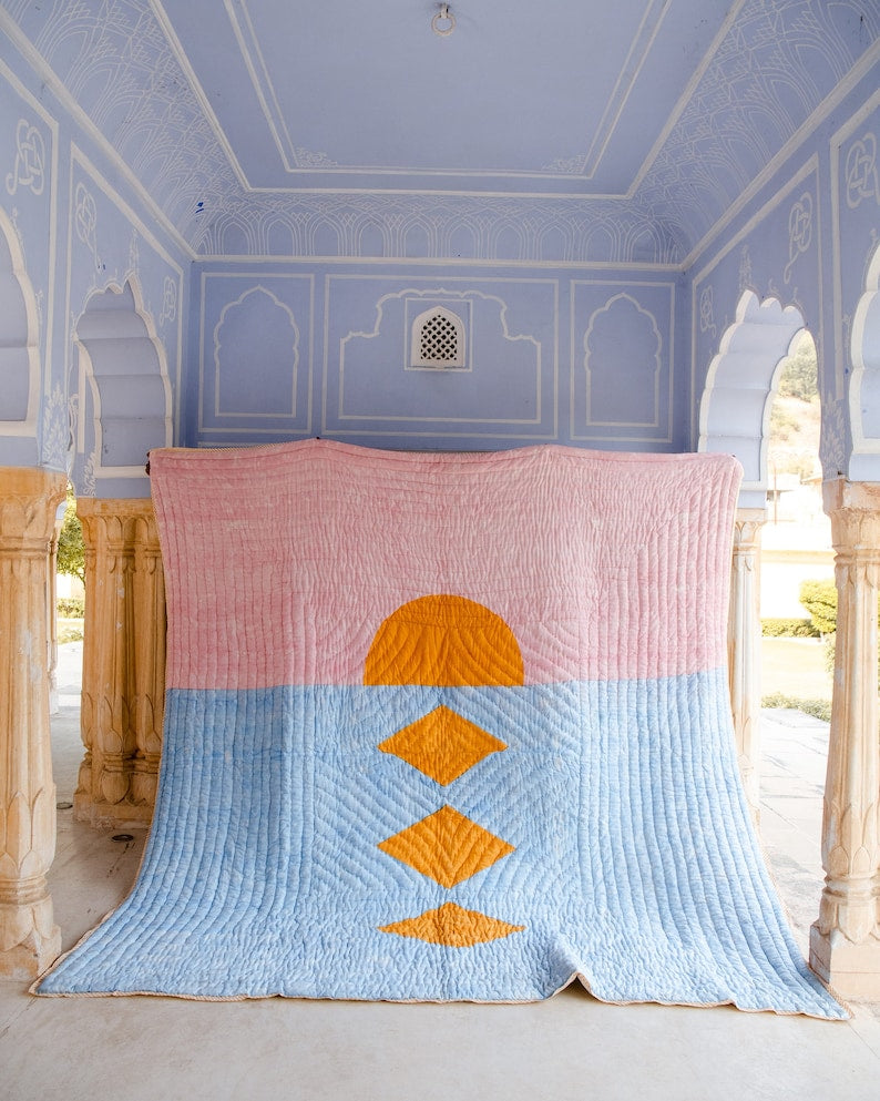 Hand Block Printed Queen Quilt Set: Modern Bohemian Bedding