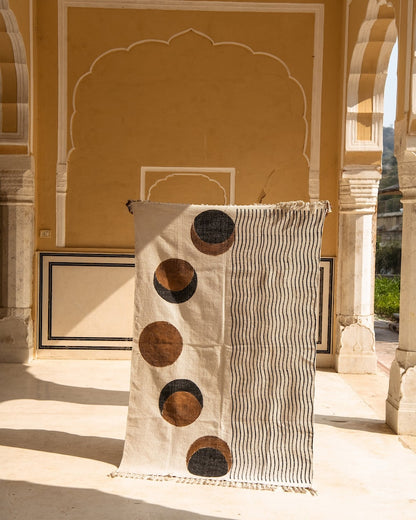 Handmade Moon Phase Cotton Rug: Boho Hand-Block Printed Dhurrie (4x6ft)
