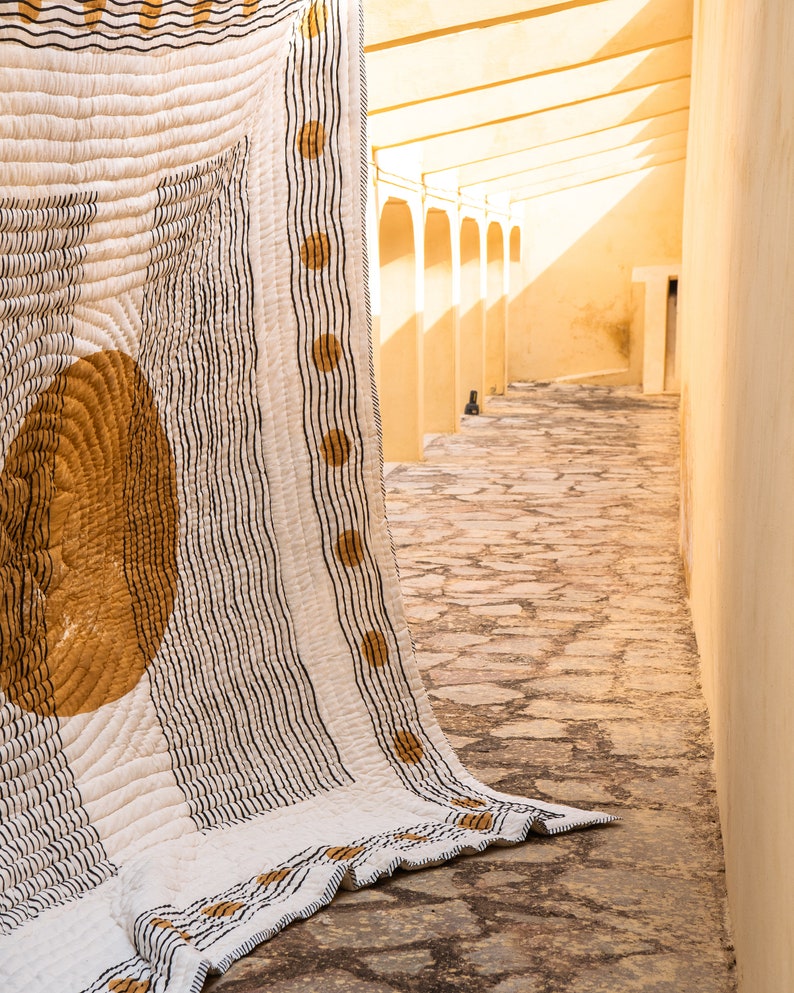 Hand-Block Printed Queen Quilt: Lunar Moon Cotton Bedspread