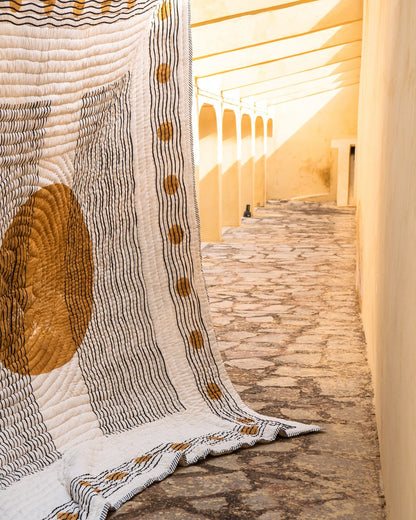 Hand-Block Printed Queen Quilt: Lunar Moon Cotton Bedspread