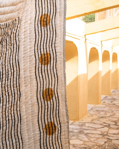 Moon Phase Kantha Quilt: King/Queen Size Block Printed Cotton Bedspread