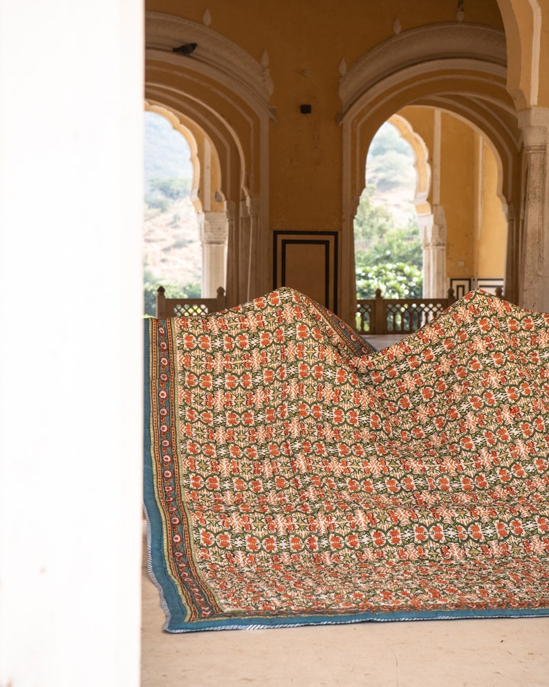 Turquoise Bohemian Quilt: King/Queen Size Indian Block Print Bedspread