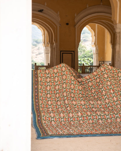 Turquoise Bohemian Quilt: King/Queen Size Indian Block Print Bedspread