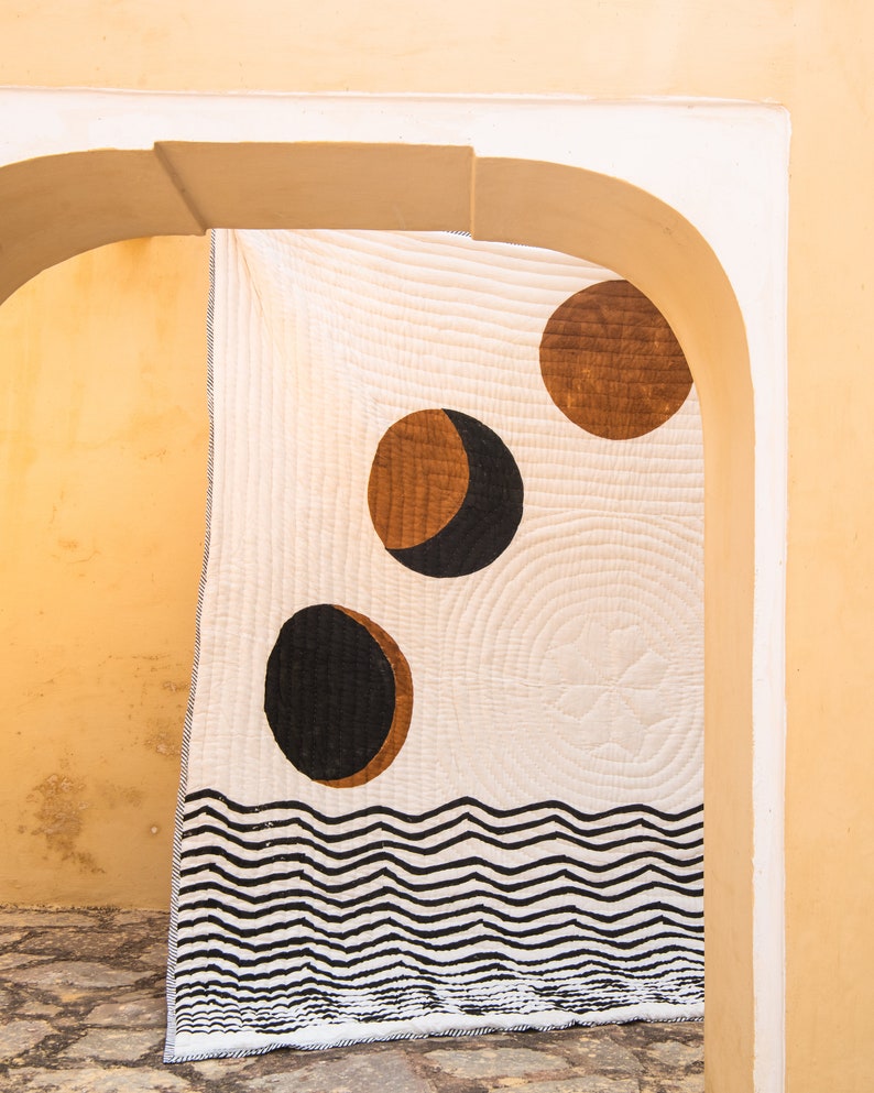 Moon Phase Kantha Quilt: King/Queen Size Block Printed Cotton Bedspread