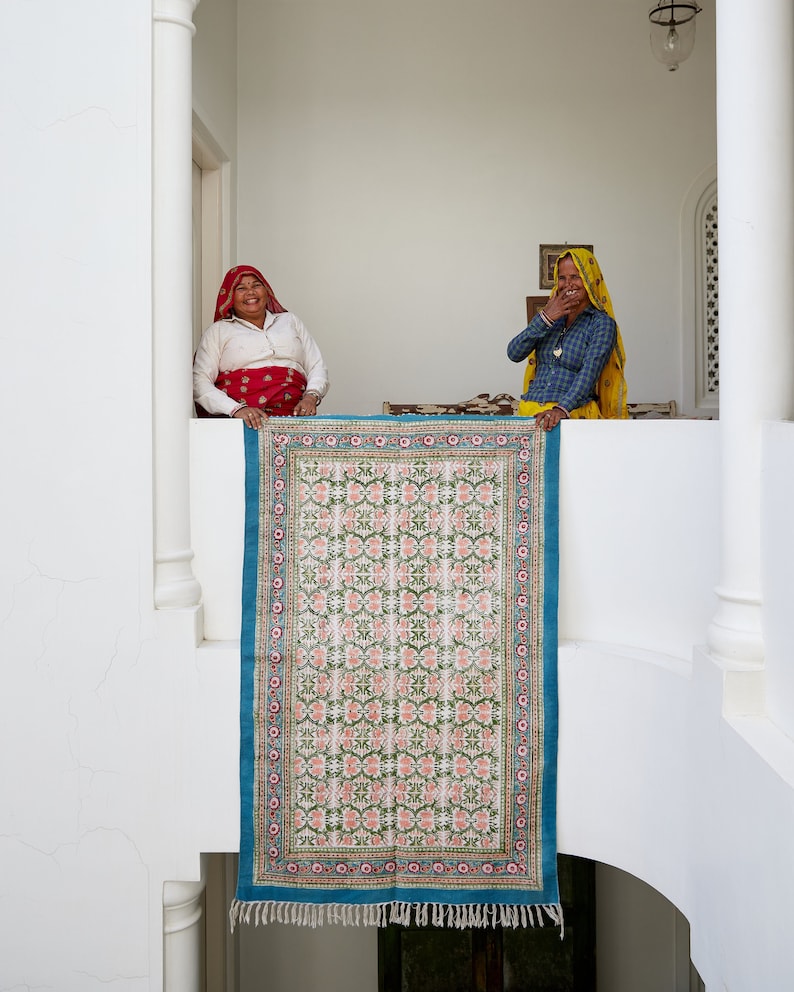 Handmade Block Print Cotton Rug: Turquoise Coral Lotus Design